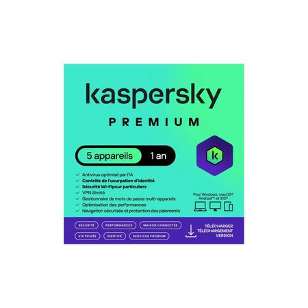 Kaspersky Premium – Licence 1 an / 5 appareils (KL10478BEFS-25FFPMAG)